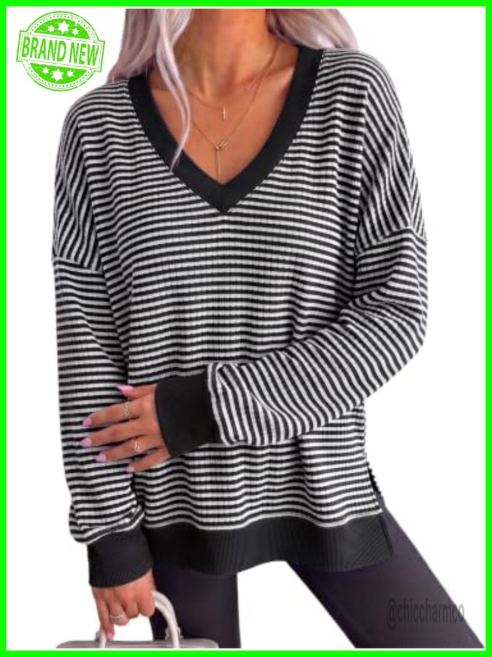 Womens Oversized Waffle Knit V Neck Tunic Sweatshirt